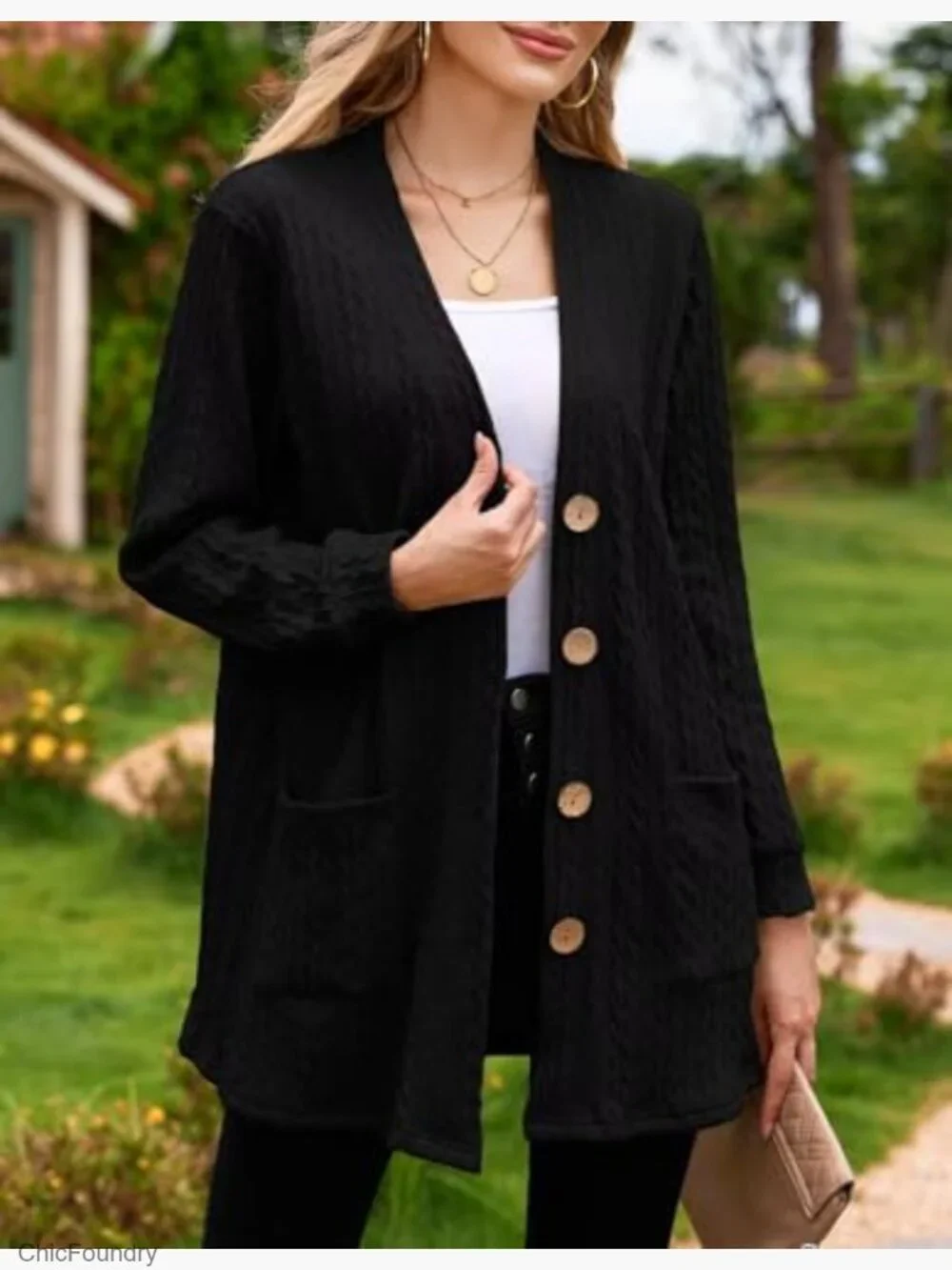 Plus Size Cable Knit Cardigan with Pockets Open Front Long Sleeve Sweater - Picture 6 of 7